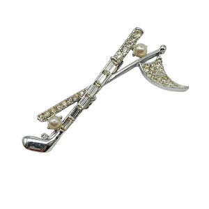 Faux Pearl Clear Rhinestone Crystal Golf Club Flag Ball Brooch Pin Vintage